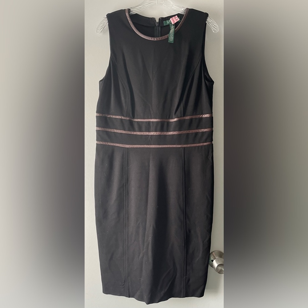 $170 LAUREN RALPH LAUREN SLEEVELESS STRETCH SHEATH DRESS-BLK/BRWN LEATHER SZ 14